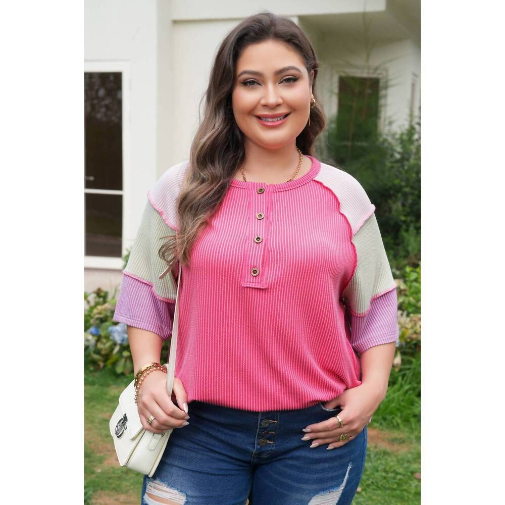 NEW DEAR LOVER twisted rib color block patchwork short sleeve henley top - plus